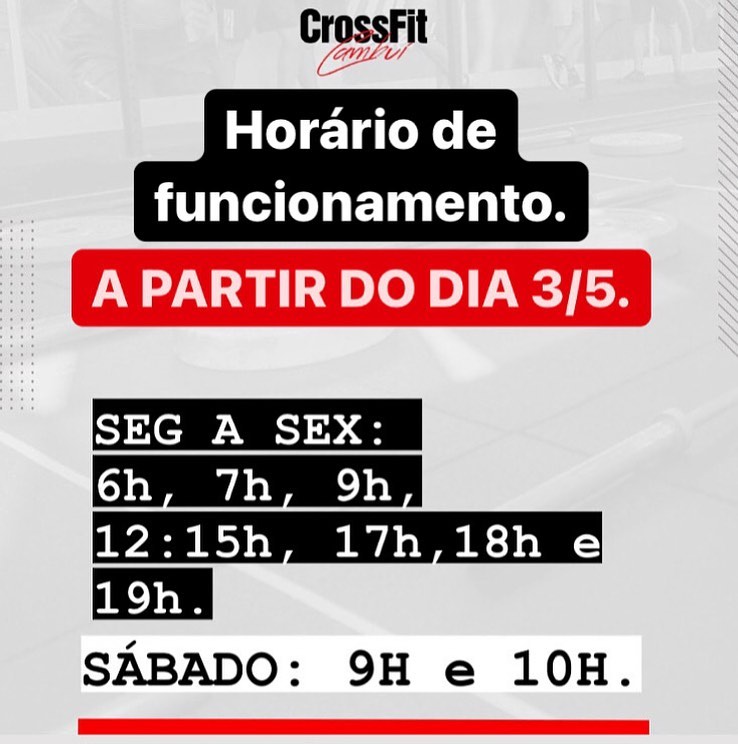 Novo horário de funcionamento! 
A partir de 03/05, conforme nova atualização do plano São Paulo.

📍 Atenção para os nossos horários; 
Segunda a sexta : 06h, 7h, 9h, 12:15h, 17h, 18h e 19h.

Sábado ; 9h e 10h. 

➡️ Faça sua reserva pelo app Cross Check-in.

Continuaremos respeitando todos os protocolos de segurança e regras imposta pelo governo de SP.

Venha cuidar da sua saúde! 

#saude #atividadefisica #retorno #somosessenciais